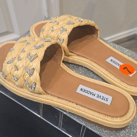 Steve Madden Alibi Rhinestone Slide Sandal- Natural Raffia - Picture 11 of 14
